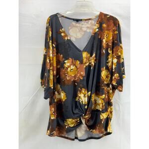 Signature studio women’s M oversized shoulder floral short sleeve V neck blouse